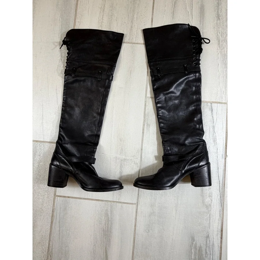 Jeannot Italy Black Leather Over The Knee Buckle Harness Block Heel Boots 40
